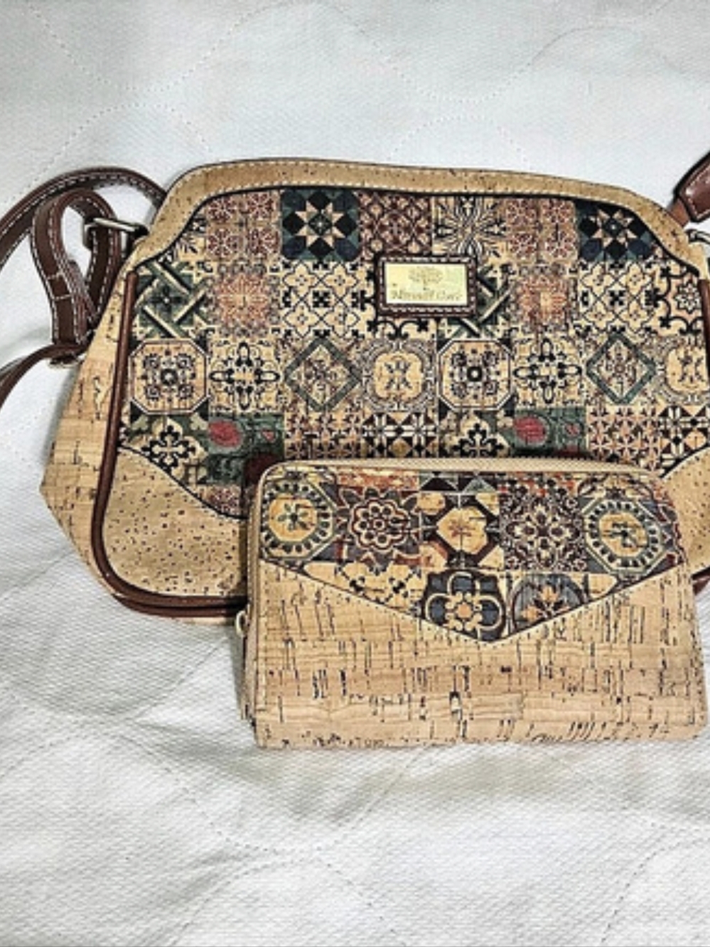 Portuguese Cork Crossbody Bag and Wallet Set, Brown & Beige